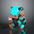 Blue Mechanical Creature With Small Red Eyed Orange Clad Animal Standing Together In 3D Render