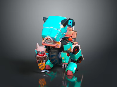 Blue Mechanical Creature With Small Red Eyed Orange Clad Animal Standing Together In 3D Render 3d model