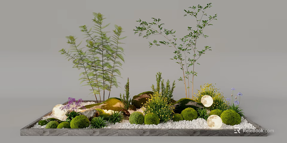 Lush Plant Combination With Ferns Small Trees Round Green Shrubs Rocks And Moon Lights 3d model 