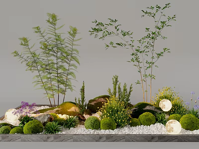Lush Plant Combination With Ferns Small Trees Round Green Shrubs Rocks And Moon Lights 3d model