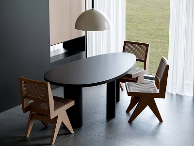 Oval Black Wooden Dining Table And Wicker Back Chairs Near Window With Pendant Light 3d model