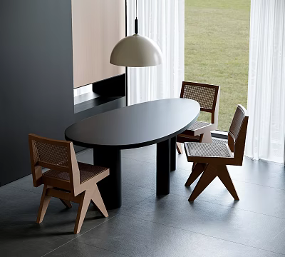 Oval Black Wooden Dining Table And Wicker Back Chairs Near Window With Pendant Light 3d model