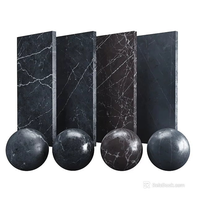 Black Marble Panels and Spheres with Textured Surface Design Elements 3d model