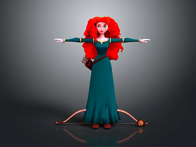Red Haired Female Character In Green Dress With Bow And Arrow Outstretched Arms 3d model