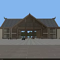 Traditional Chinese Style Entrance Gate With Wooden Structure Gray Tiles And Open Plaza