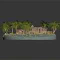 Cartoon Scene Of Tropical Island With Palm Trees Wooden Hut Wooden Dock And Blue Water