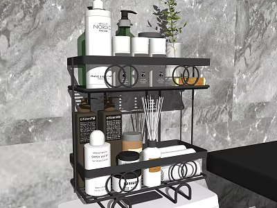 Black Multi Tiered Bathroom Storage Rack With Toiletries And Small Plant On Marble Background 3d model