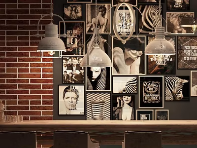 Stylish Pendant Chandeliers In Interior Design With Red Brick Wall And Black White 3d model