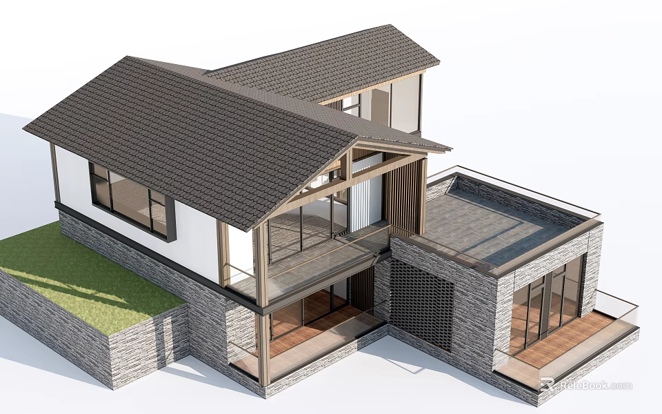 Modern Traditional House Exterior With Gray Roof White Walls Wooden Balcony And Stone Terrace 3d model 
