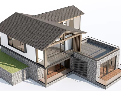 Modern Traditional House Exterior With Gray Roof White Walls Wooden Balcony And Stone Terrace 3d model
