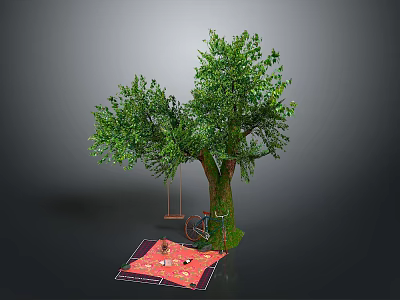 Outdoor Garden Setup With Green Tree Swing Red Mat And Items 3d model