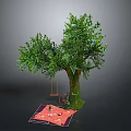 Outdoor Garden Setup With Green Tree Swing Red Mat And Items
