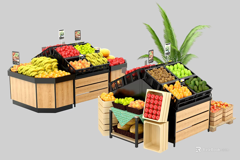 Wooden Fruit Display Shelves With Fresh Bananas Apples Oranges And Grapes In Market 3d model 