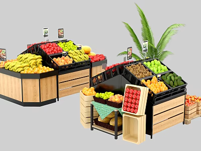 Wooden Fruit Display Shelves With Fresh Bananas Apples Oranges And Grapes In Market 3d model