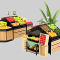 Wooden Fruit Display Shelves With Fresh Bananas Apples Oranges And Grapes In Market