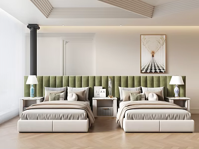 Double Bed with Green Headboard Nightstands Table Lamps and Decorative Painting on Wooden Floor 3d model