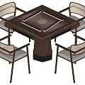 Square Wooden Mahjong Table With Four Woven Backrest Chairs And Cushioned Seats