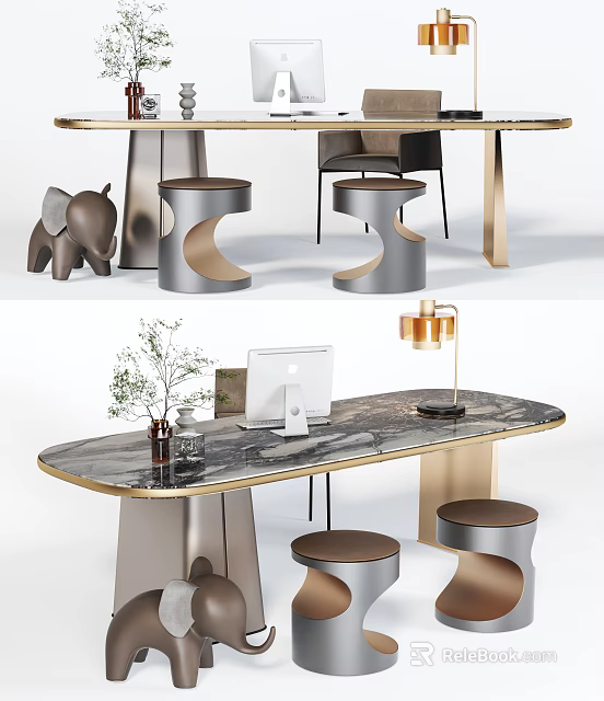 Modern Home Office Desk With Marble Top Laptop Lamp Plant And Stools 3d model 
