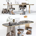 Modern Home Office Desk With Marble Top Laptop Lamp Plant And Stools