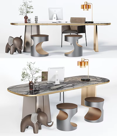 Modern Home Office Desk With Marble Top Laptop Lamp Plant And Stools 3d model