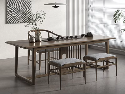 Traditional Solid Wood Tea Table and Chairs with Tea Set in Natural Light Minimalist Room 3d model