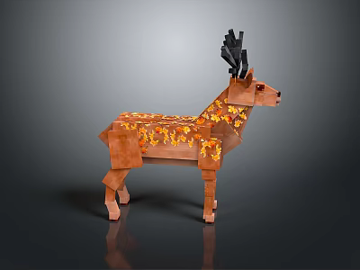 Decorative Polygonal Deer Figurine With Brown Body Black Antlers And Orange Yellow Patterns 3d model