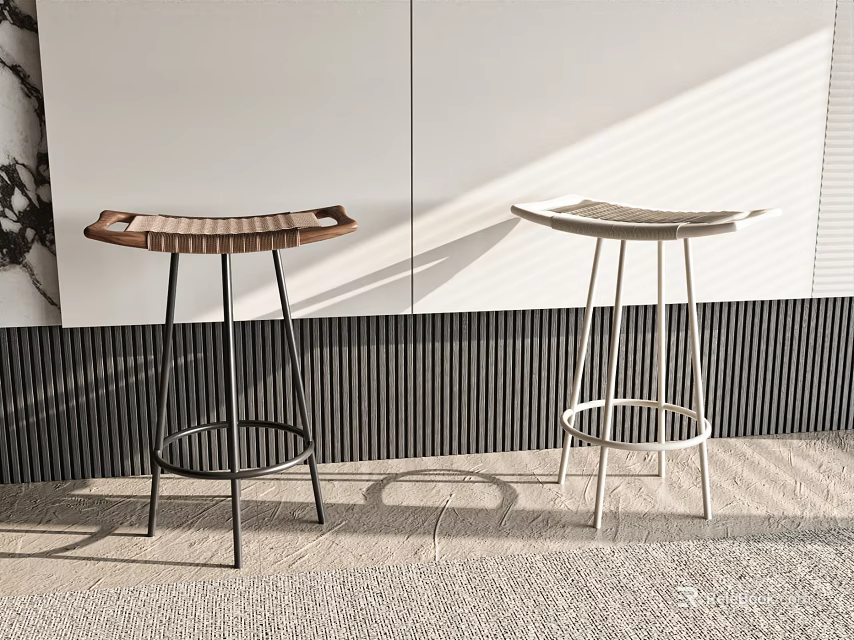 Two Stylish Bar Stools With Wooden And Metal Frames In Modern Room Interior 3d model 