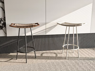 Two Stylish Bar Stools With Wooden And Metal Frames In Modern Room Interior 3d model