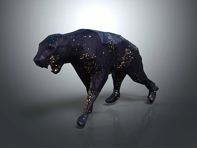 Black Leopard Sculpture with Golden Sparkles in Walking Pose and Modern Geometric Design 3d model
