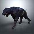 Black Leopard Sculpture with Golden Sparkles in Walking Pose and Modern Geometric Design