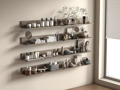 Stylish Floating Wall Shelves With Decorative Bottles Vases And Accessories 3d model