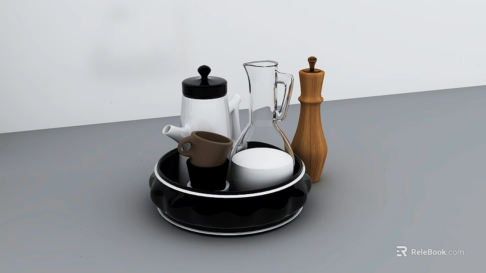 Modern Tea Set With White Teapot Transparent Glass Pitcher And Brown Teacup On Black Tray 3d model 