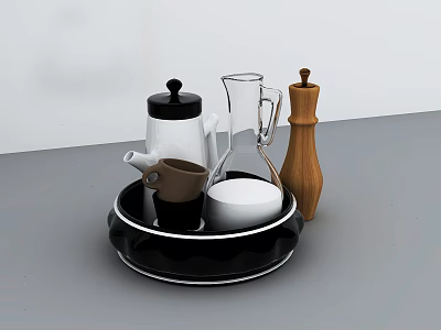 Modern Tea Set With White Teapot Transparent Glass Pitcher And Brown Teacup On Black Tray 3d model
