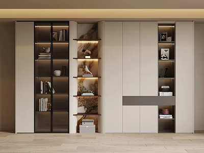 Modern Bookcase With Glass Doors Open Shelves And Layered Lighting Design 3d model