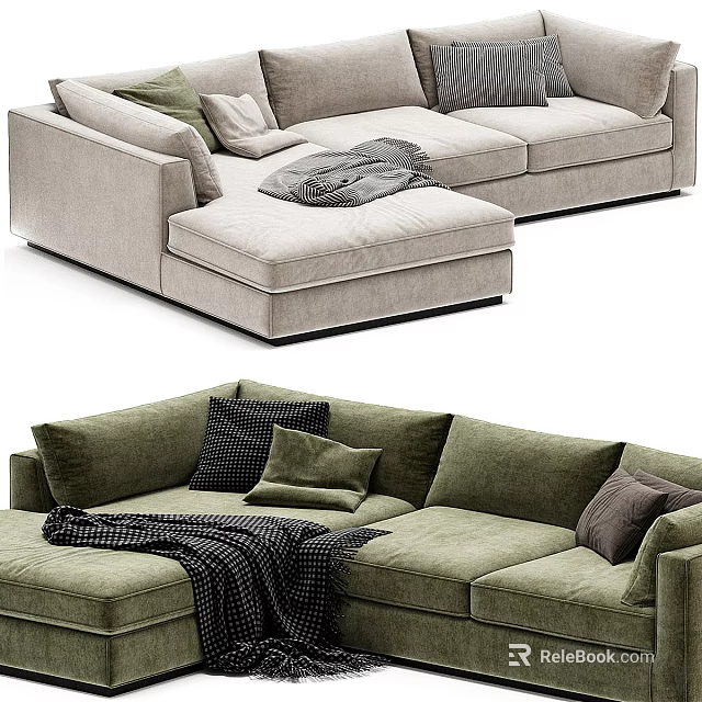 Beige And Green Sectional Sofa With Chaise Lounge Throw Pillows And Cozy Blanket For Living Room 3d model 