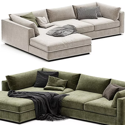 Beige And Green Sectional Sofa With Chaise Lounge Throw Pillows And Cozy Blanket For Living Room 3d model