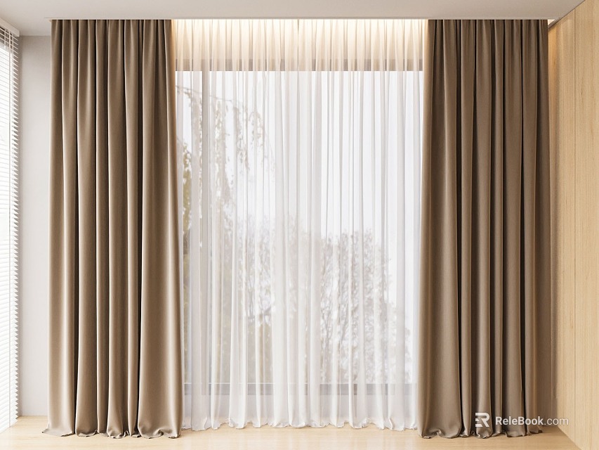 Modern Double Layer Curtain Design With Brown Fabric And White Sheer Panels 3d model 