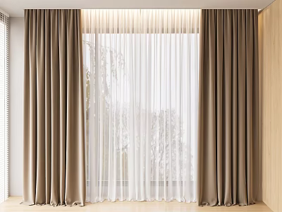 Modern Double Layer Curtain Design With Brown Fabric And White Sheer Panels 3d model