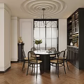 Elegant Living and Dining Room Interior Featuring Black Leather Sofa Coffee Table Chandelier Decorative Paintings