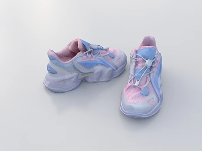 Pink Blue And White Sporty Sneakers With Chunky Sole And White Laces 3d model