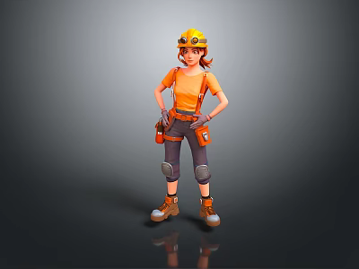 Man Standing Wearing Yellow Hard Hat Orange Shirt Gray Pants Knee Pads And Tool Belt 3d model