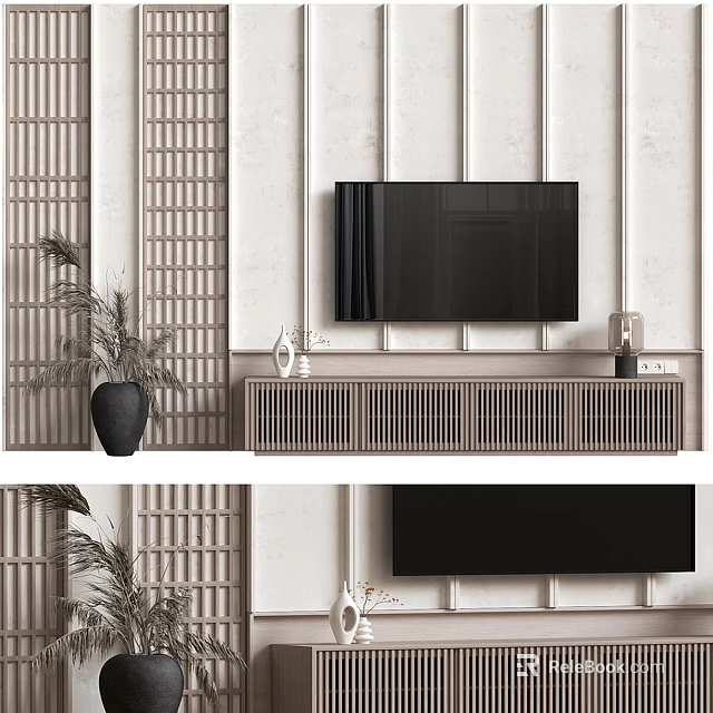 Modern Minimalist TV Background Wall Design With Lattice Panels TV Cabinet And Plant Decor 3d model 