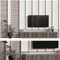Modern Minimalist TV Background Wall Design With Lattice Panels TV Cabinet And Plant Decor