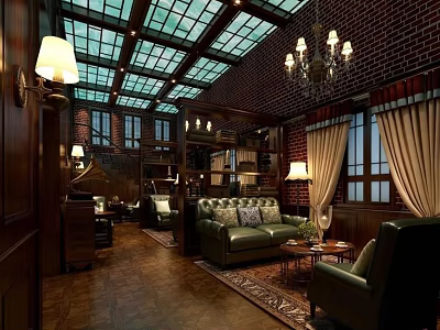 Vintage Café Interior Featuring Red Brick Walls Stained Glass Ceiling And Green Leather Sofas 3d model