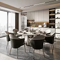Modern Restaurant Interior With Marble Dining Table Gray Chairs And City View Window 3d model