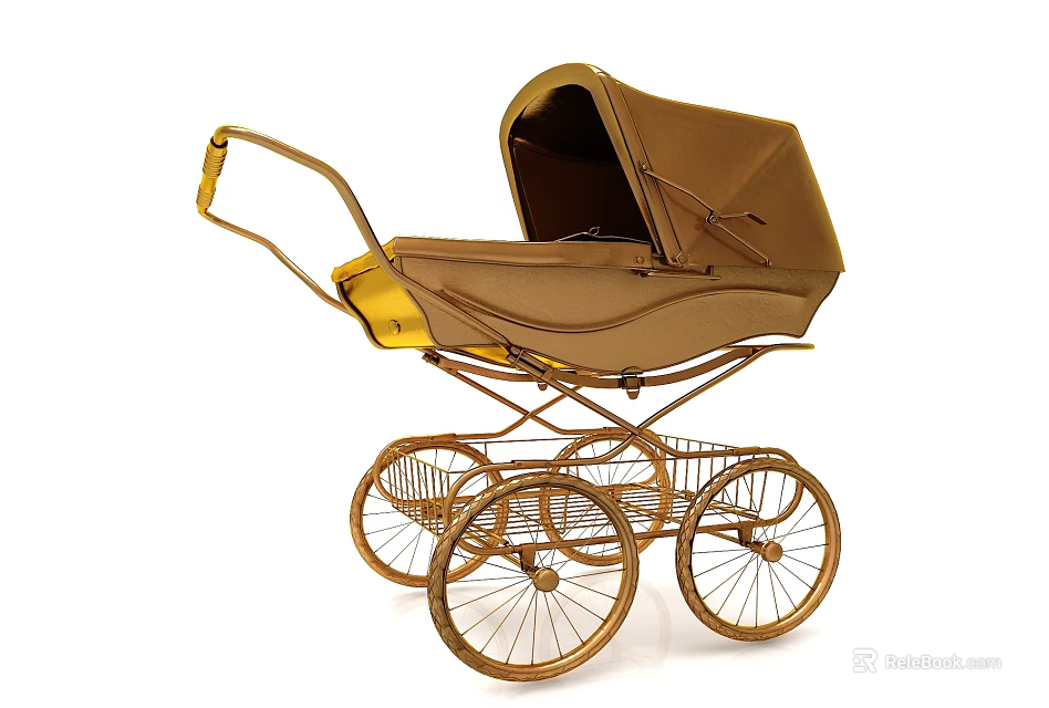 Vintage Brown And Gold Baby Stroller Decorative Ornament Set With Metal Frame And Wheels 3d model 