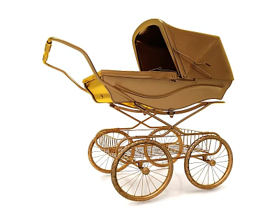 Vintage Brown And Gold Baby Stroller Decorative Ornament Set With Metal Frame And Wheels 3d model