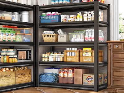 Black Metal Shelving Unit Filled With Canned Goods Bottled Drinks Storage Boxes In Kitchen Pantry 3d model