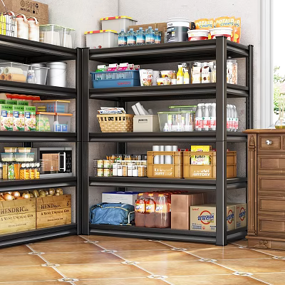 Black Metal Shelving Unit Filled With Canned Goods Bottled Drinks Storage Boxes In Kitchen Pantry 3d model