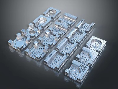 Scenery of Silver Ancient Style Architectural Models with Intricate Openwork Patterns Arranged on Black Background 3d model
